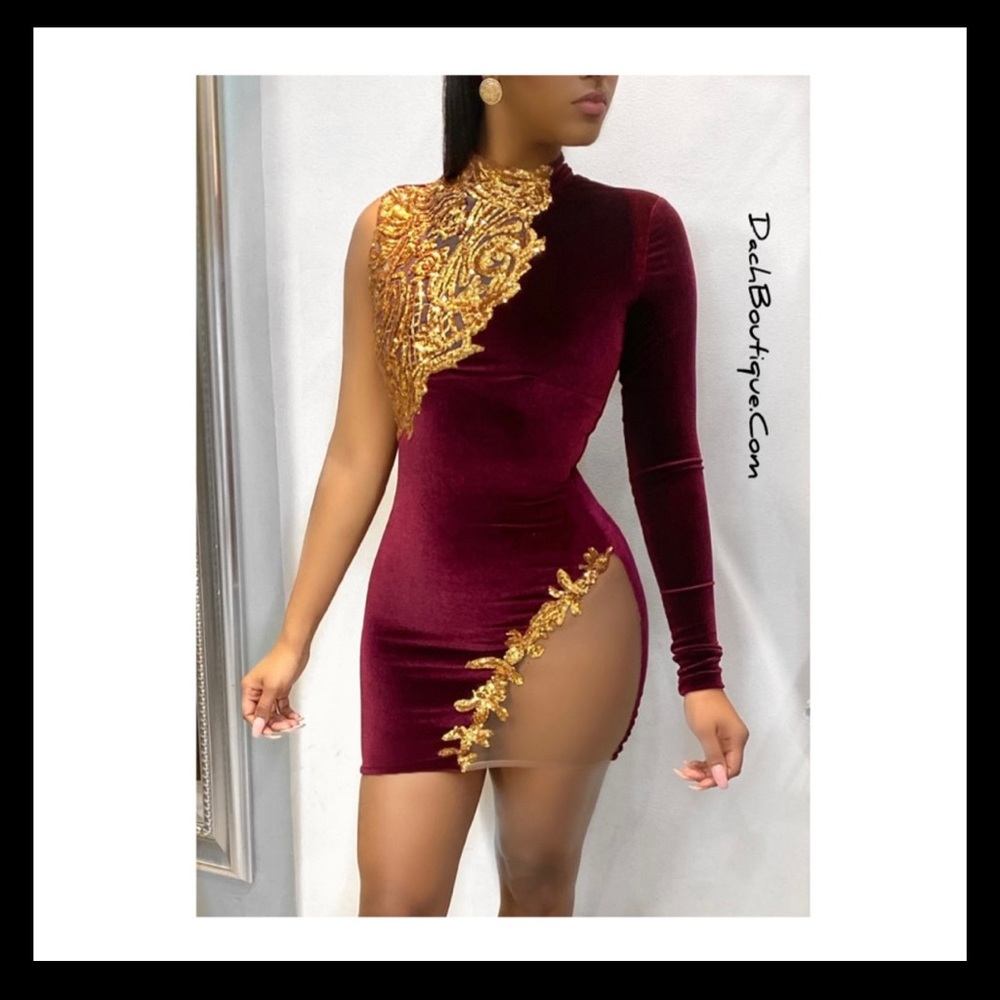 Burgundy & Gold One Sleeve Dress from Dach Boutique